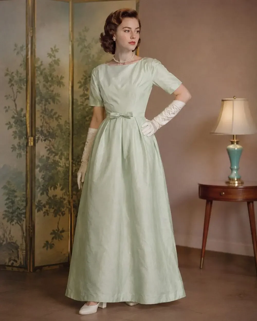 VTG 60s Mint Green Chiffon Long Bow Maxi Dress Union Gown Fits Size XS Retro - Picture 1 of 10